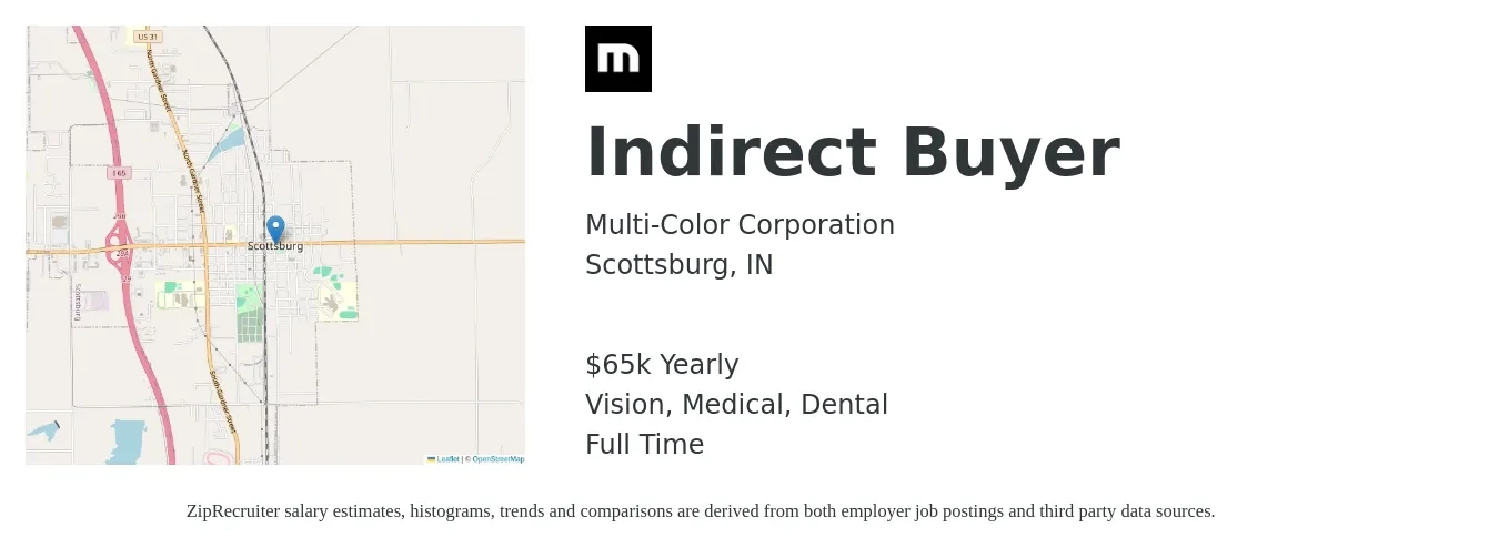 Multi-Color Corporation job posting for a Indirect Buyer in Scottsburg, IN with a salary of $65,000 Yearly and benefits including life_insurance, medical, retirement, vision, and dental with a map of Scottsburg location.