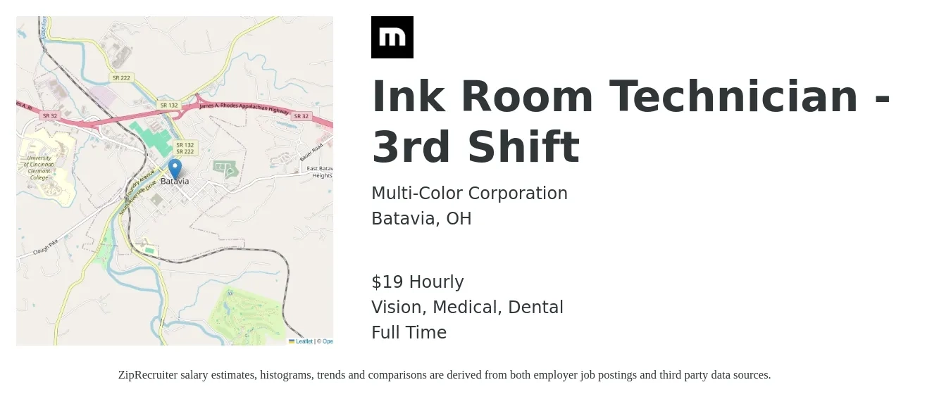 Multi-Color Corporation job posting for a Ink Room Technician - 3rd Shift in Batavia, OH with a salary of $20 Hourly and benefits including vision, dental, life_insurance, medical, and retirement with a map of Batavia location.