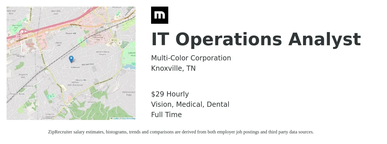 Multi-Color Corporation job posting for a IT Operations Analyst in Knoxville, TN with a salary of $31 Hourly and benefits including retirement, vision, dental, life_insurance, and medical with a map of Knoxville location.