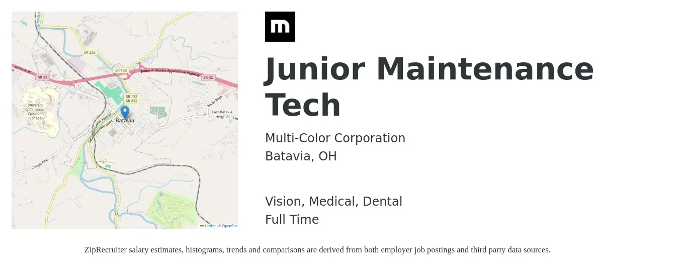 Multi-Color Corporation job posting for a Junior Maintenance Tech in Batavia, OH with a salary of $18 to $24 Hourly and benefits including dental, life_insurance, medical, retirement, and vision with a map of Batavia location.