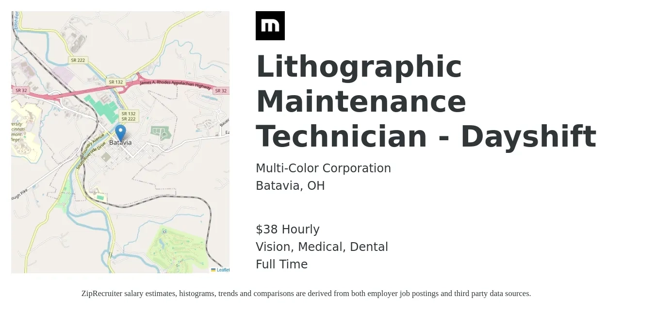 Multi-Color Corporation job posting for a Lithographic Maintenance Technician - Dayshift in Batavia, OH with a salary of $40 Hourly and benefits including life_insurance, medical, retirement, vision, and dental with a map of Batavia location.
