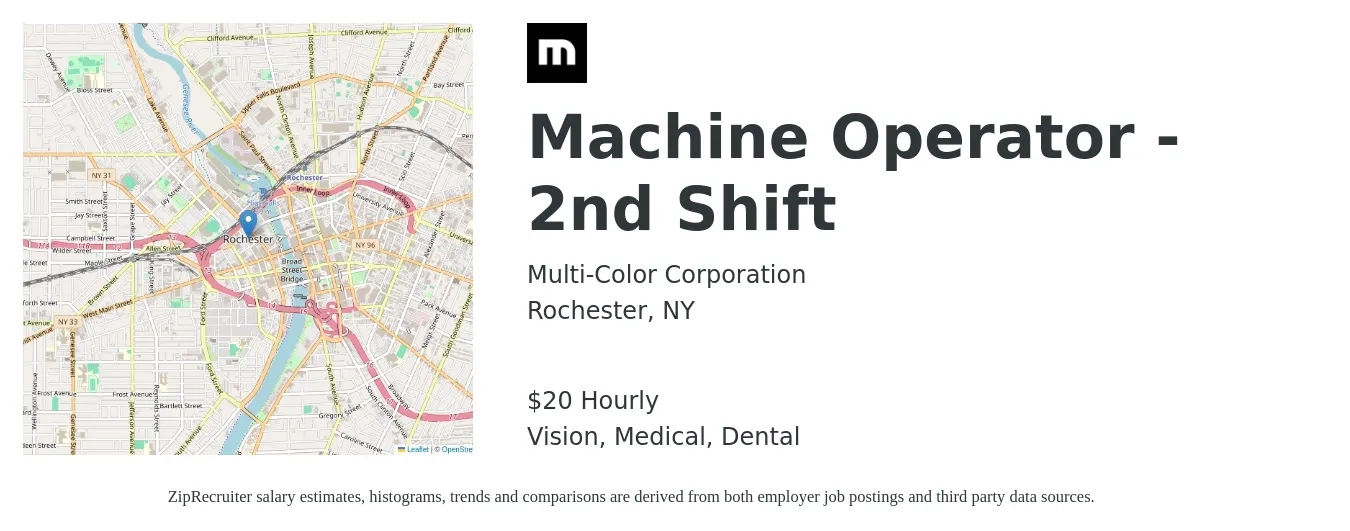 Multi-Color Corporation job posting for a Machine Operator - 2nd Shift in Rochester, NY with a salary of $22 Hourly and benefits including retirement, vision, dental, life_insurance, and medical with a map of Rochester location.
