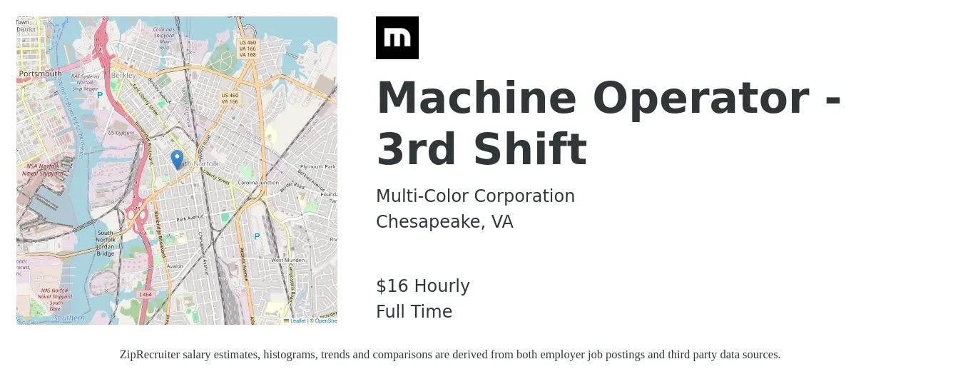 Multi-Color Corporation job posting for a Machine Operator - 3rd Shift in Chesapeake, VA with a salary of $18 Hourly and benefits including medical, retirement, vision, dental, and life_insurance with a map of Chesapeake location.