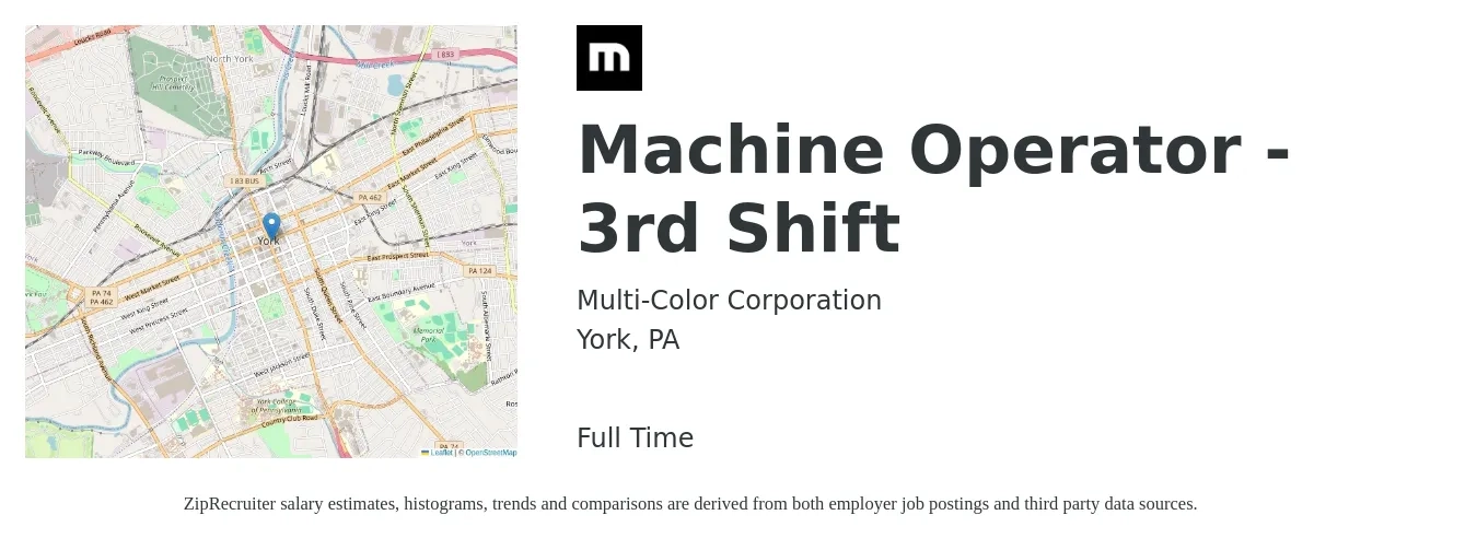 Multi-Color Corporation job posting for a Machine Operator - 3rd Shift in York, PA with a salary of $17 to $20 Hourly and benefits including retirement, vision, dental, life_insurance, and medical with a map of York location.