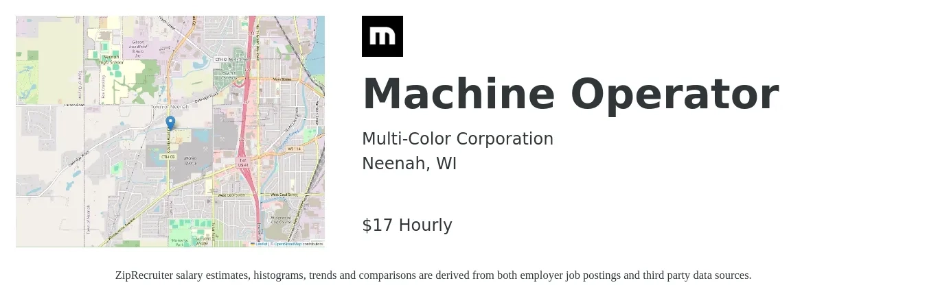 Multi-Color Corporation job posting for a Machine Operator in Neenah, WI with a salary of $18 Hourly and benefits including vision, dental, life_insurance, medical, and retirement with a map of Neenah location.