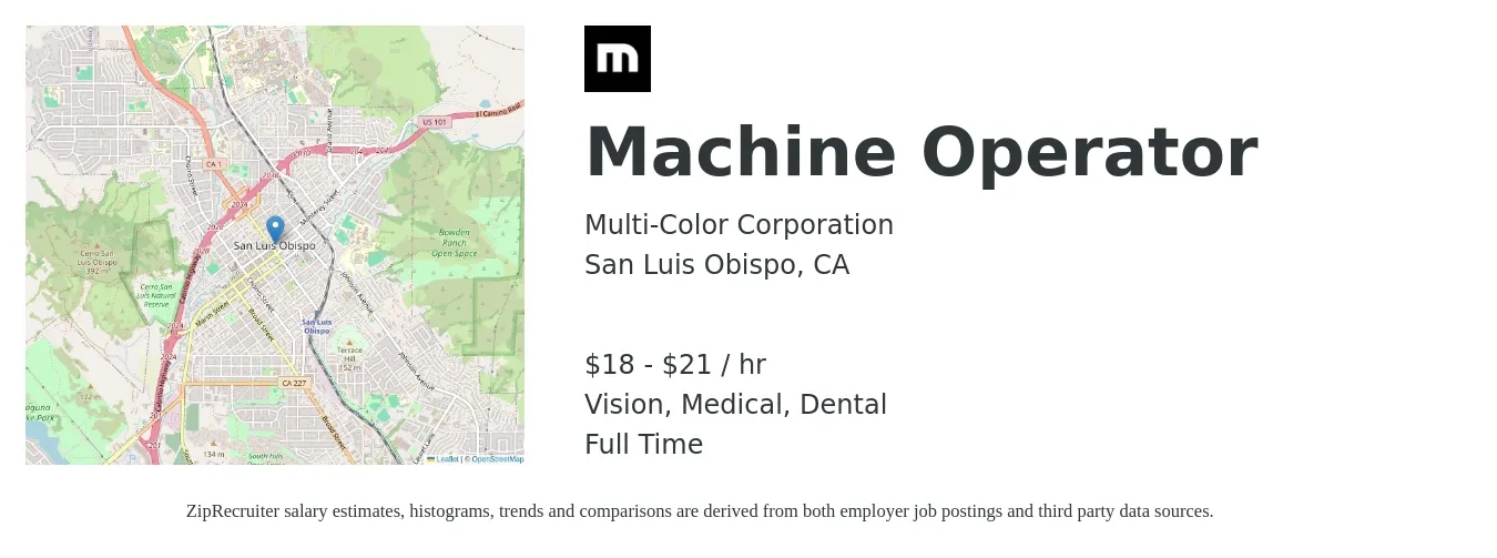 Multi-Color Corporation job posting for a Machine Operator in San Luis Obispo, CA with a salary of $19 to $22 Hourly and benefits including dental, life_insurance, medical, retirement, and vision with a map of San Luis Obispo location.