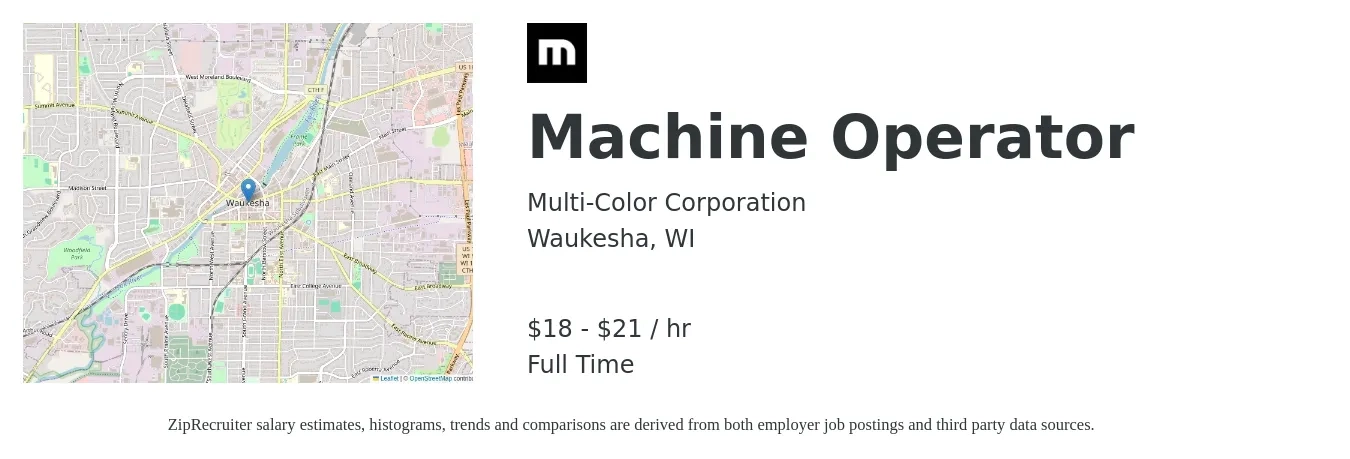 Multi-Color Corporation job posting for a Machine Operator in Waukesha, WI with a salary of $19 to $23 Hourly and benefits including dental, life_insurance, medical, retirement, and vision with a map of Waukesha location.