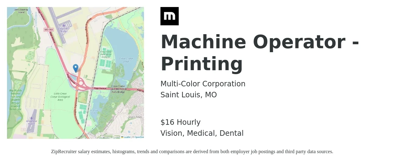 Multi-Color Corporation job posting for a Machine Operator - Printing in Saint Louis, MO with a salary of $18 Hourly and benefits including life_insurance, medical, retirement, vision, and dental with a map of Saint Louis location.