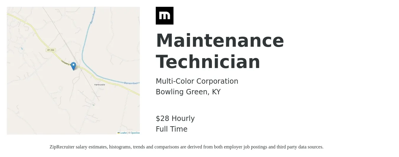 Multi-Color Corporation job posting for a Maintenance Technician in Bowling Green, KY with a salary of $30 Hourly and benefits including dental, life_insurance, medical, retirement, and vision with a map of Bowling Green location.