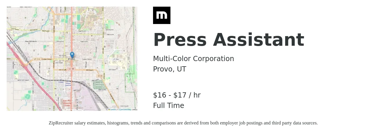 Multi-Color Corporation job posting for a Press Assistant in Provo, UT with a salary of $17 to $18 Hourly and benefits including retirement, vision, dental, life_insurance, and medical with a map of Provo location.