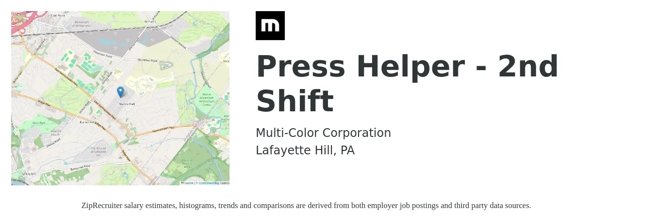 Multi-Color Corporation job posting for a Press Helper - 2nd Shift in Lafayette Hill, PA with a salary of $20 Hourly and benefits including retirement, vision, dental, life_insurance, and medical with a map of Lafayette Hill location.