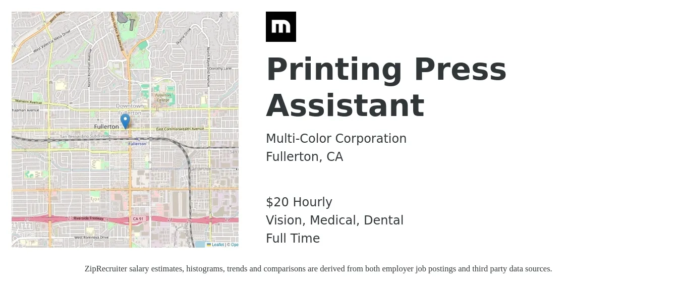 Multi-Color Corporation job posting for a Printing Press Assistant in Fullerton, CA with a salary of $20 Hourly and benefits including dental, life_insurance, medical, retirement, and vision with a map of Fullerton location.