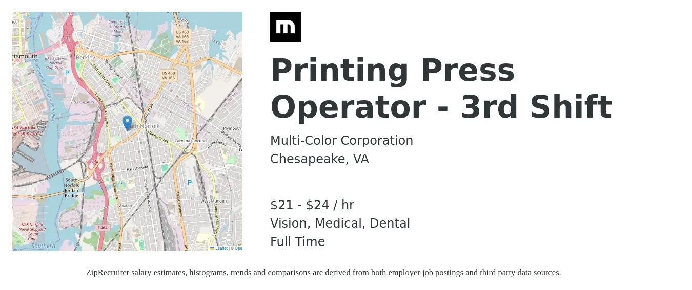 Multi-Color Corporation job posting for a Printing Press Operator - 3rd Shift in Chesapeake, VA with a salary of $22 to $25 Hourly and benefits including life_insurance, medical, retirement, vision, and dental with a map of Chesapeake location.