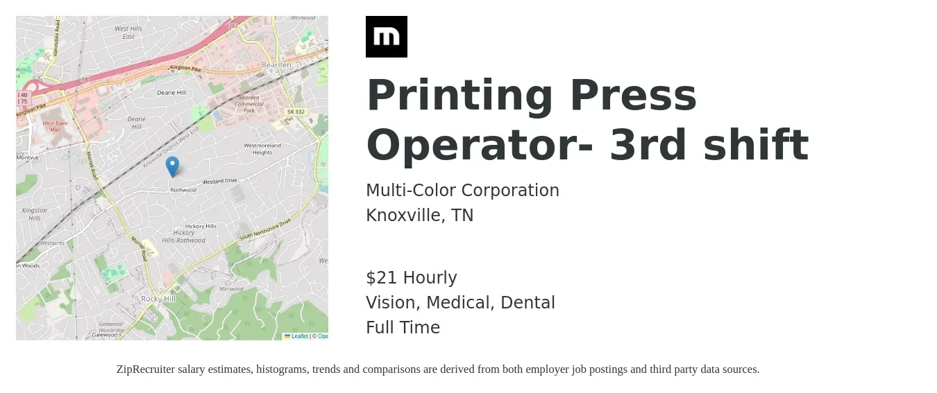Multi-Color Corporation job posting for a Printing Press Operator- 3rd shift in Knoxville, TN with a salary of $22 Hourly and benefits including dental, life_insurance, medical, retirement, and vision with a map of Knoxville location.