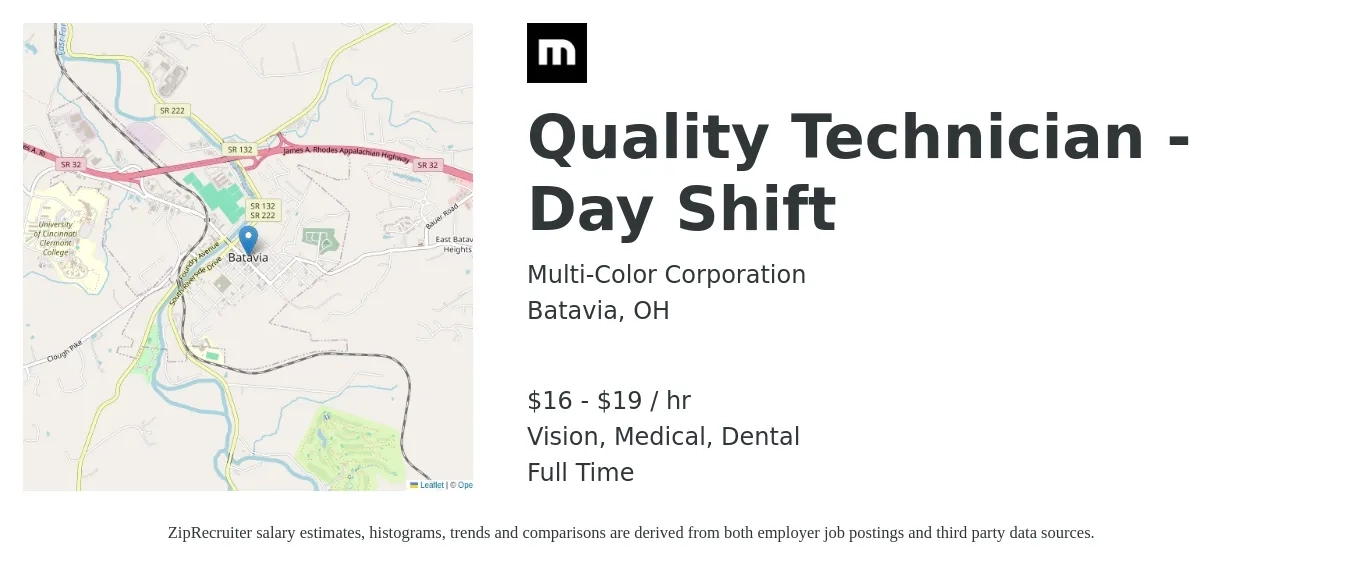 Multi-Color Corporation job posting for a Quality Technician - Day Shift in Batavia, OH with a salary of $18 to $20 Hourly and benefits including dental, life_insurance, medical, retirement, and vision with a map of Batavia location.
