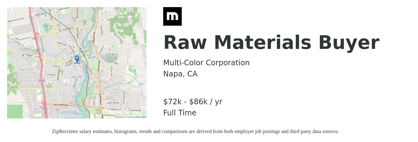 Multi-Color Corporation job posting for a Raw Materials Buyer in Napa, CA with a salary of $72,000 to $86,684 Yearly and benefits including dental, life_insurance, medical, retirement, and vision with a map of Napa location.
