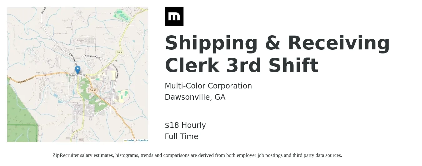 Multi-Color Corporation job posting for a Shipping & Receiving Clerk 3rd Shift in Dawsonville, GA with a salary of $19 Hourly and benefits including life_insurance, medical, retirement, vision, and dental with a map of Dawsonville location.