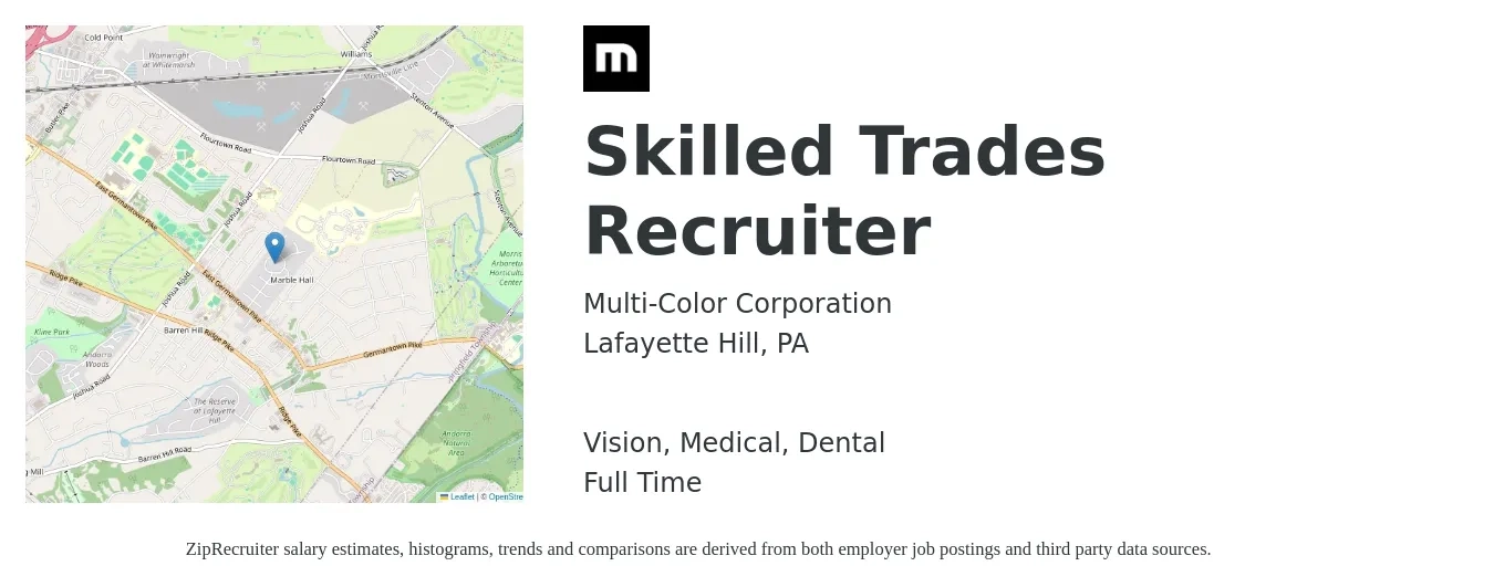 Multi-Color Corporation job posting for a Skilled Trades Recruiter in Lafayette Hill, PA with a salary of $44,800 to $56,100 Yearly and benefits including dental, life_insurance, medical, retirement, and vision with a map of Lafayette Hill location.