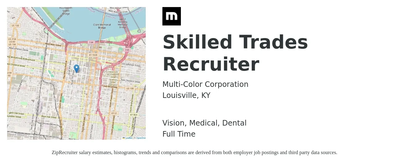 Multi-Color Corporation job posting for a Skilled Trades Recruiter in Louisville, KY with a salary of $41,600 to $52,200 Yearly and benefits including dental, life_insurance, medical, retirement, and vision with a map of Louisville location.