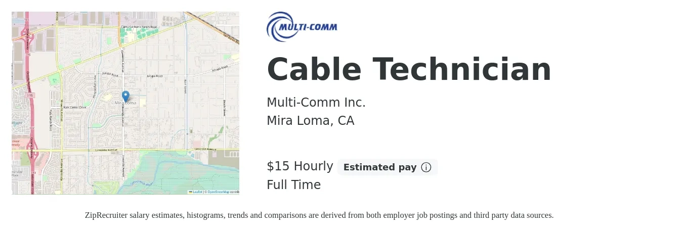 Multi-Comm Inc. job posting for a Cable Technician in Mira Loma, CA with a salary of $33,000 to $80,000 Yearly with a map of Mira Loma location.