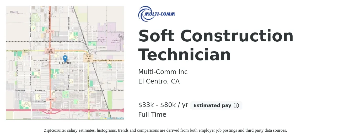 Multi-Comm Inc. job posting for a Soft Construction Technician in El Centro, CA with a salary of $33,000 to $80,000 Yearly with a map of El Centro location.