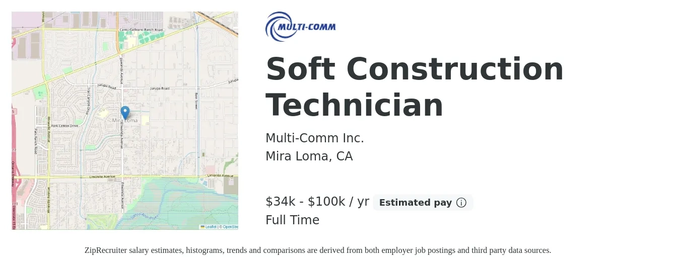Multi-Comm Inc. job posting for a Soft Construction Technician in Mira Loma, CA with a salary of $33,000 to $80,000 Yearly with a map of Mira Loma location.