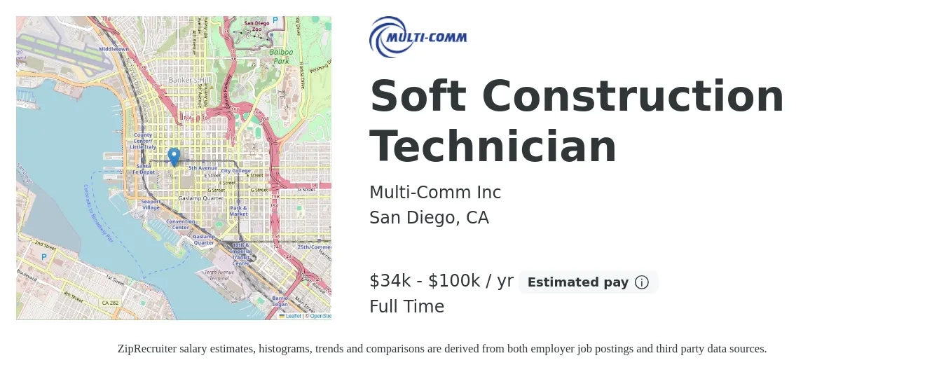 Multi-Comm Inc. job posting for a Soft Construction Technician in San Diego, CA with a salary of $33,000 to $80,000 Yearly with a map of San Diego location.