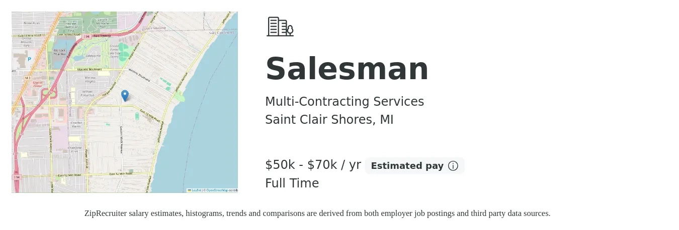 Multi-Contracting Services job posting for a Salesman in Saint Clair Shores, MI with a salary of $50,000 to $70,000 Yearly (plus commission) and benefits including pto with a map of Saint Clair Shores location.