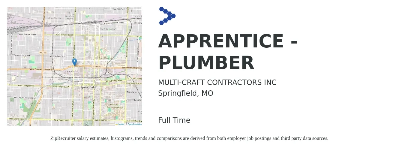 MULTI-CRAFT CONTRACTORS INC job posting for a APPRENTICE - PLUMBER in Springfield, MO with a salary of $14 to $20 Hourly with a map of Springfield location.