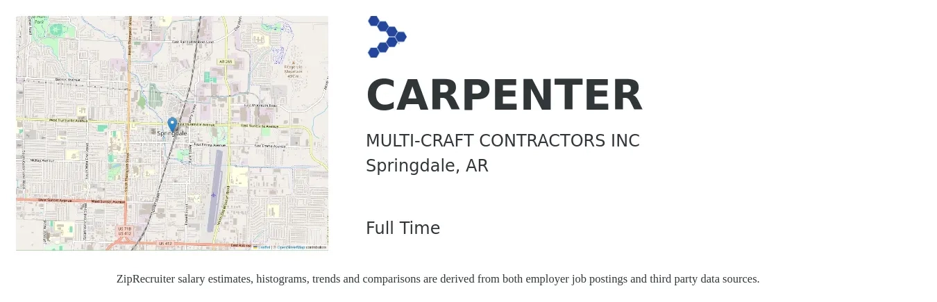 MULTI-CRAFT CONTRACTORS INC job posting for a CARPENTER in Springdale, AR with a salary of $19 to $26 Hourly with a map of Springdale location.