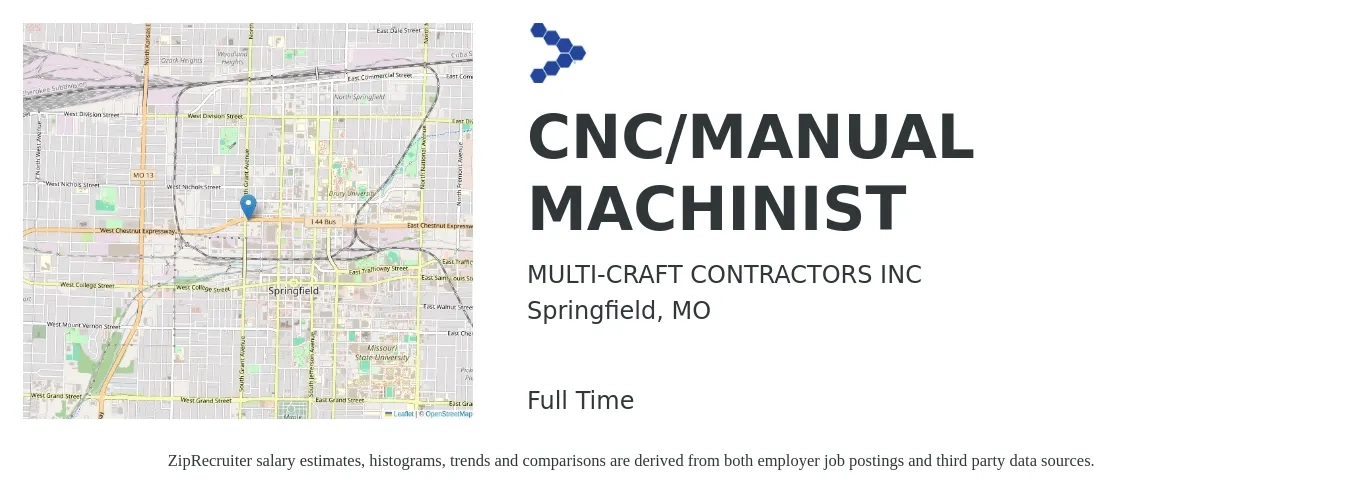 MULTI-CRAFT CONTRACTORS INC job posting for a CNC/MANUAL MACHINIST in Springfield, MO with a salary of $17 to $24 Hourly with a map of Springfield location.