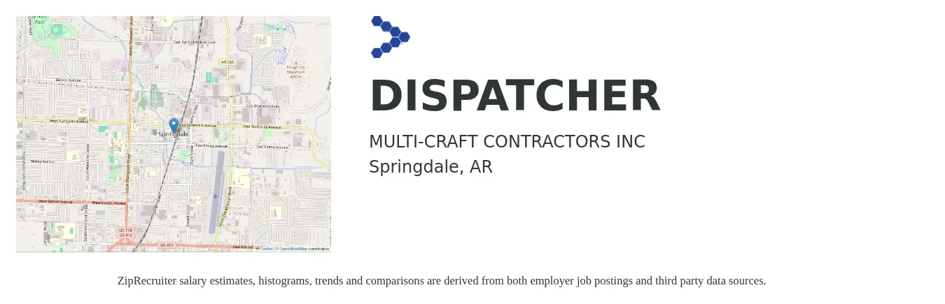 MULTI-CRAFT CONTRACTORS INC job posting for a DISPATCHER in Springdale, AR with a salary of $16 to $22 Hourly with a map of Springdale location.