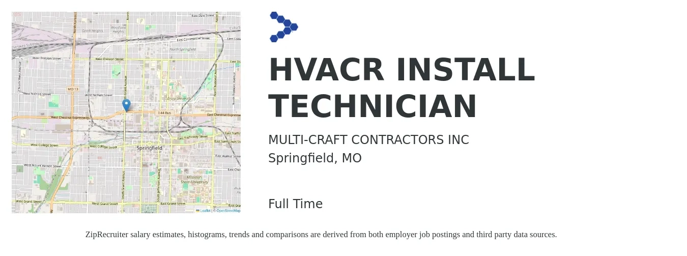 MULTI-CRAFT CONTRACTORS INC job posting for a HVACR INSTALL TECHNICIAN in Springfield, MO with a salary of $18 to $28 Hourly with a map of Springfield location.