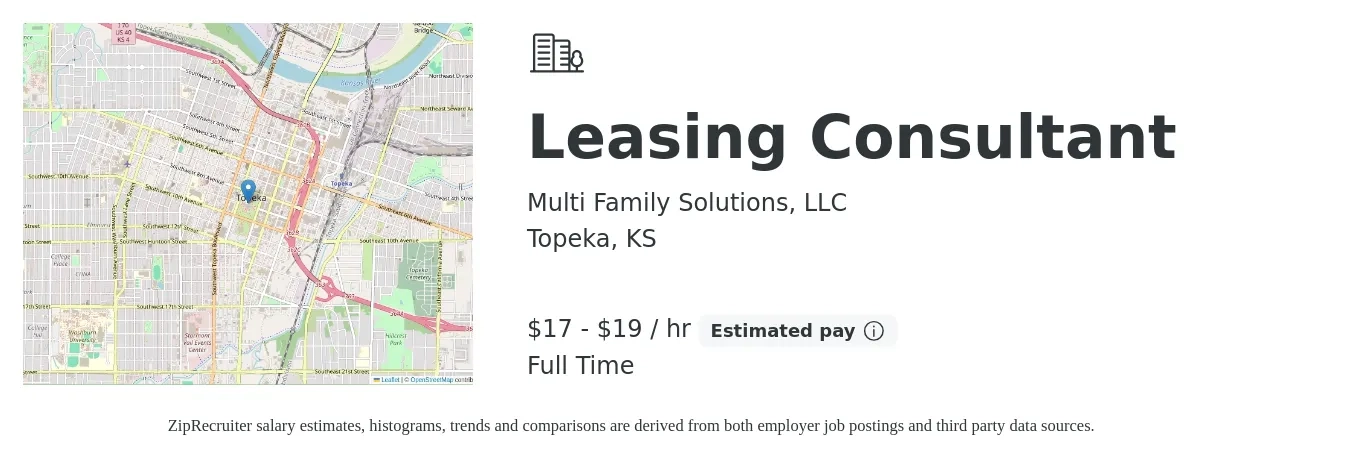 Multi Family Solutions, LLC job posting for a Leasing Consultant in Topeka, KS with a salary of $18 to $20 Hourly with a map of Topeka location.