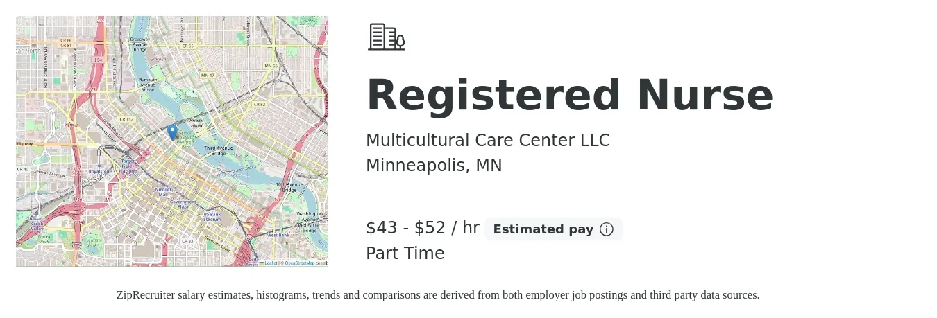 Multicultural Care Center LLC job posting for a Registered Nurse in Minneapolis, MN with a salary of $30 to $35 Hourly with a map of Minneapolis location.