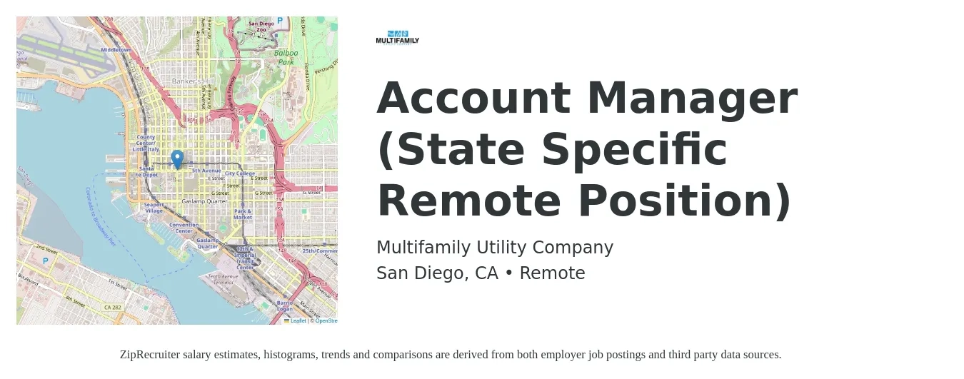 Multifamily Utility Company job posting for a Account Manager (State Specific Remote Position) in San Diego, CA with a salary of $20 to $27 Hourly with a map of San Diego location.