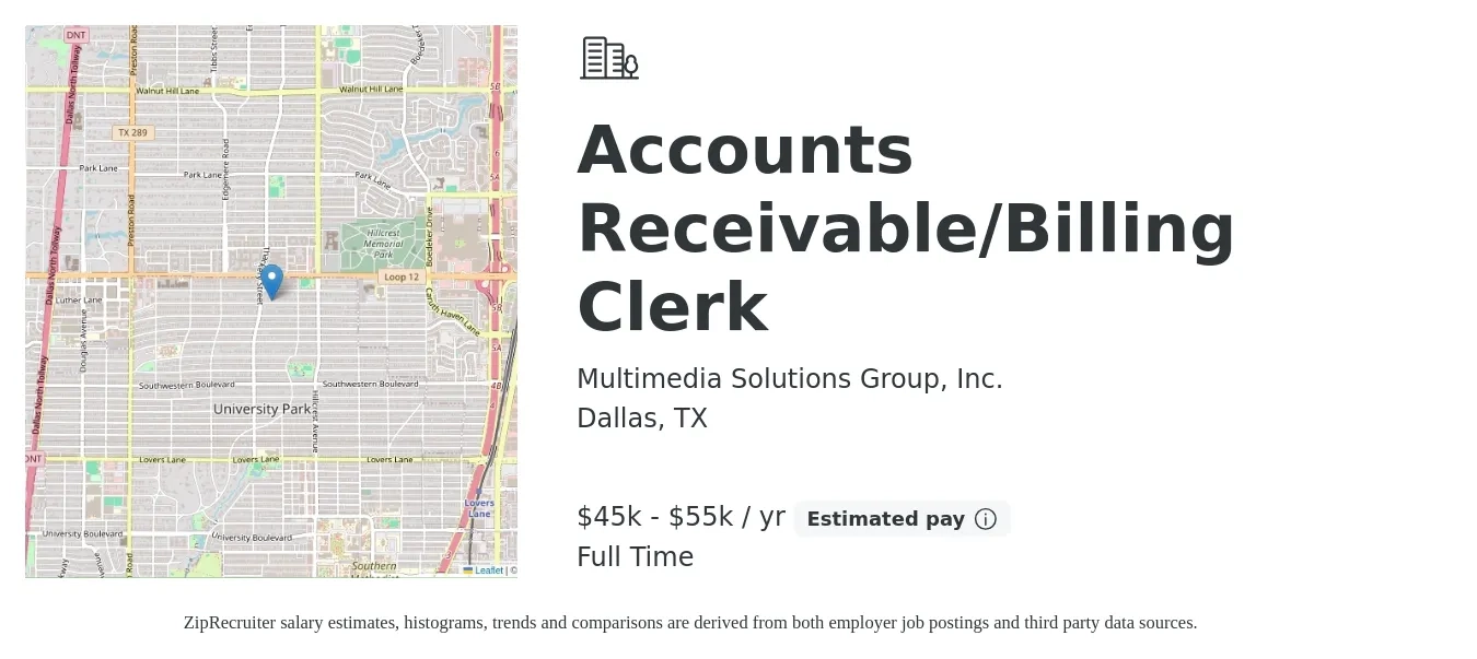 Multimedia Solutions Group, Inc. job posting for a Accounts Receivable/Billing Clerk in Dallas, TX with a salary of $45,000 to $55,000 Yearly with a map of Dallas location.