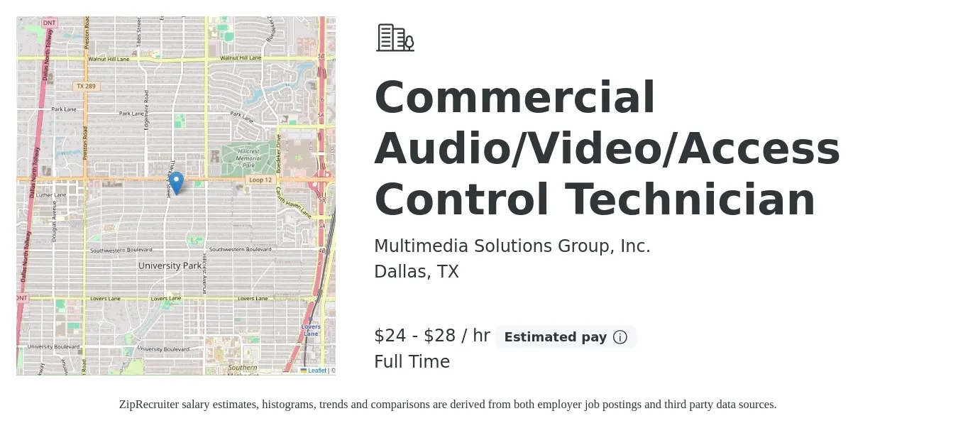 Multimedia Solutions Group, Inc. job posting for a Commercial Audio/Video/Access Control Technician in Dallas, TX with a salary of $25 to $30 Hourly with a map of Dallas location.