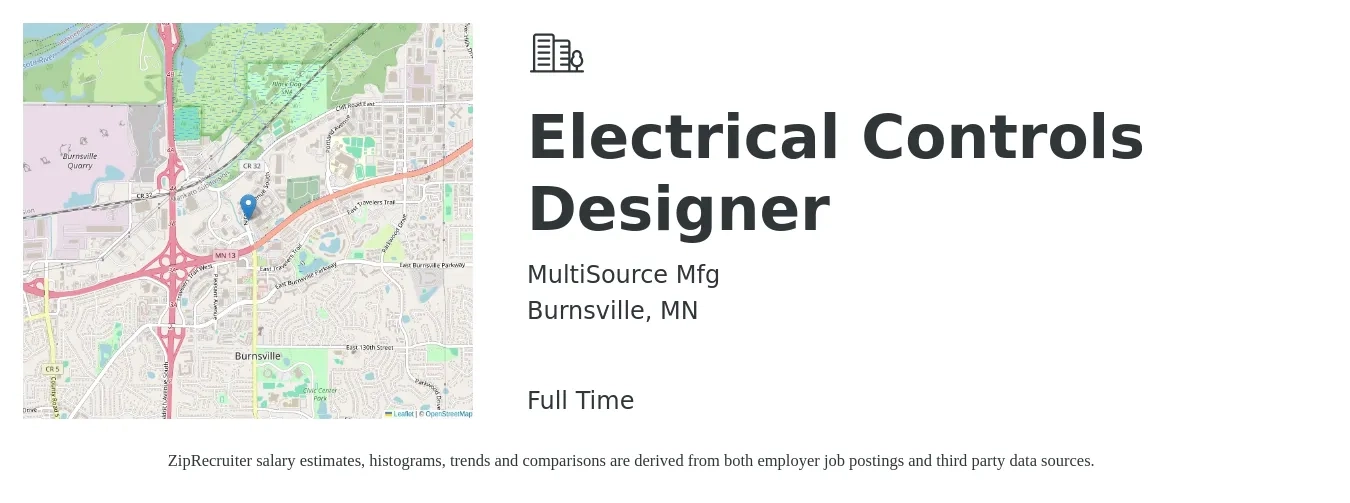 MultiSource Mfg job posting for a Electrical Controls Designer in Burnsville, MN with a salary of $72,100 to $91,200 Yearly with a map of Burnsville location.