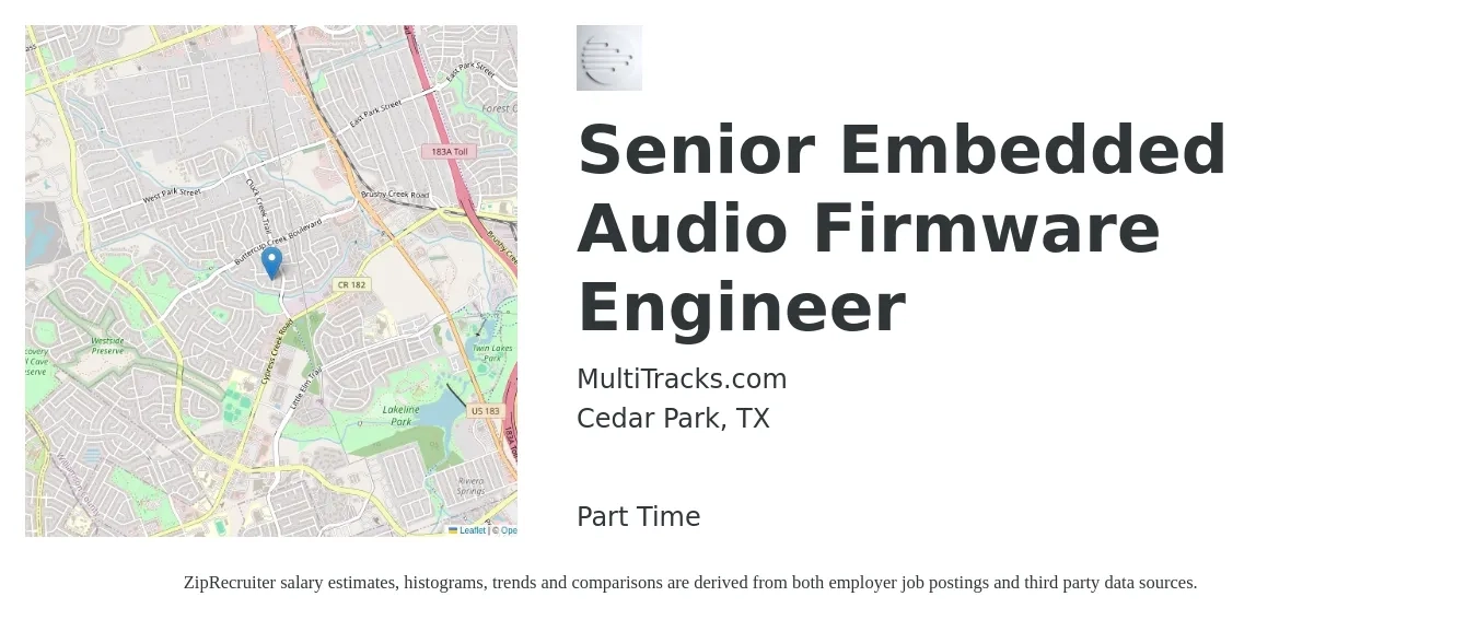 MultiTracks.com job posting for a Senior Embedded Audio Firmware Engineer in Cedar Park, TX with a salary of $112,400 to $148,600 Yearly with a map of Cedar Park location.