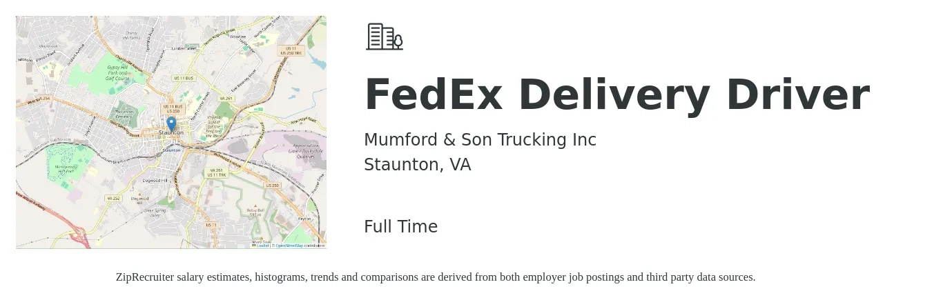 Mumford & Son Trucking Inc job posting for a FedEx Delivery Driver in Staunton, VA with a salary of $150 Daily with a map of Staunton location.