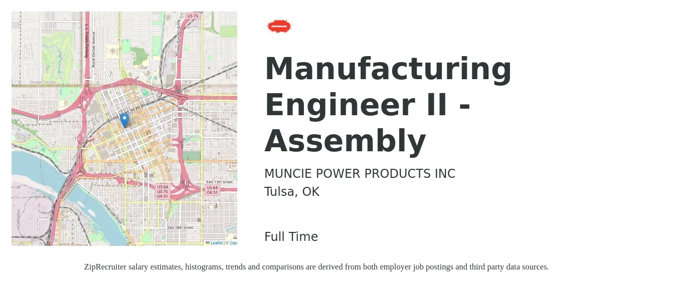 MUNCIE POWER PRODUCTS INC job posting for a Manufacturing Engineer II - Assembly in Tulsa, OK with a salary of $28 to $32 Hourly with a map of Tulsa location.