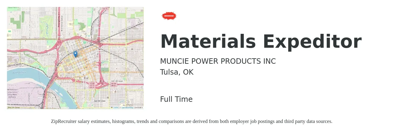 MUNCIE POWER PRODUCTS INC job posting for a Materials Expeditor in Tulsa, OK with a salary of $16 to $21 Hourly with a map of Tulsa location.