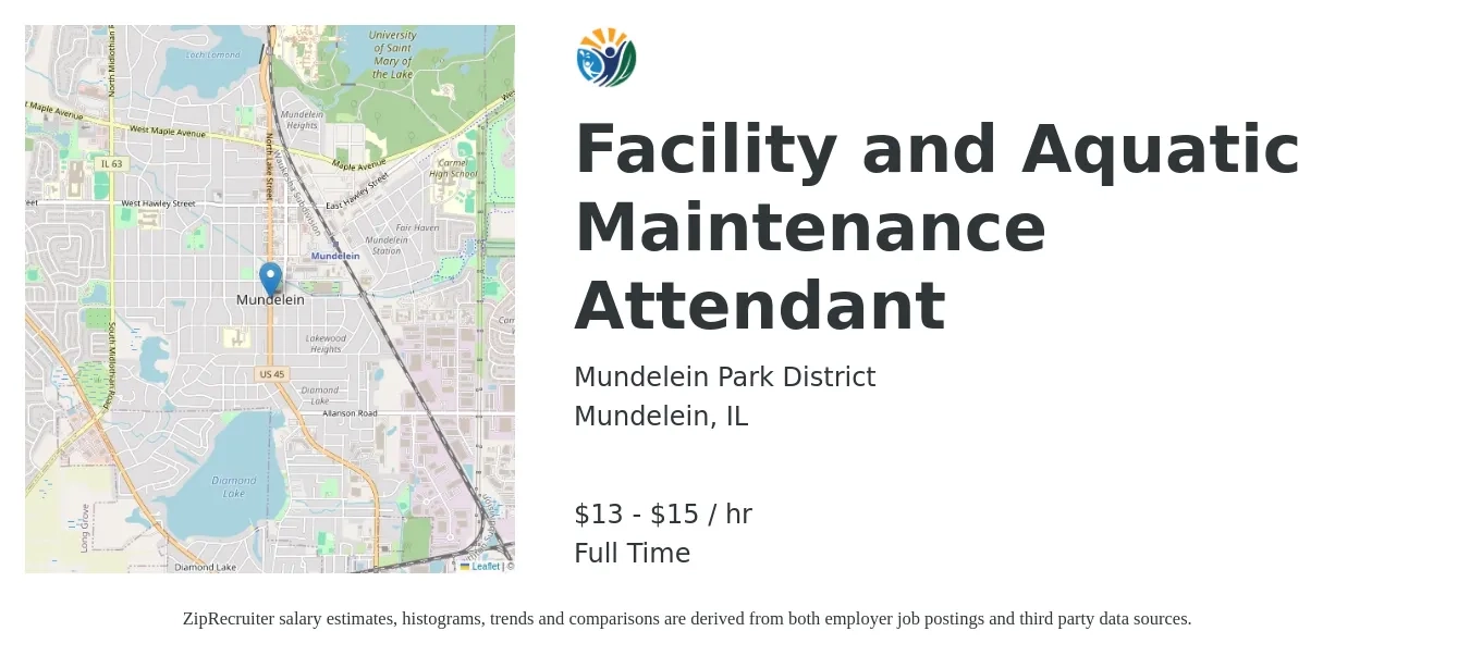 Mundelein Park District job posting for a Facility and Aquatic Maintenance Attendant in Mundelein, IL with a salary of $14 to $16 Hourly with a map of Mundelein location.