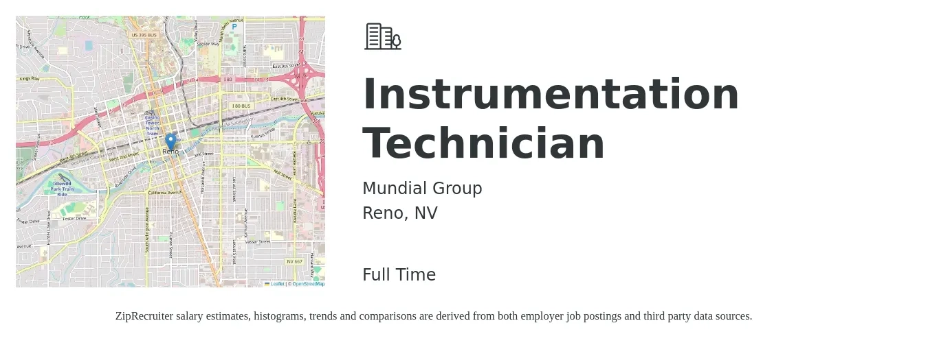 Mundial Group job posting for a Instrumentation Technician in Reno, NV with a salary of $24 to $37 Hourly with a map of Reno location.