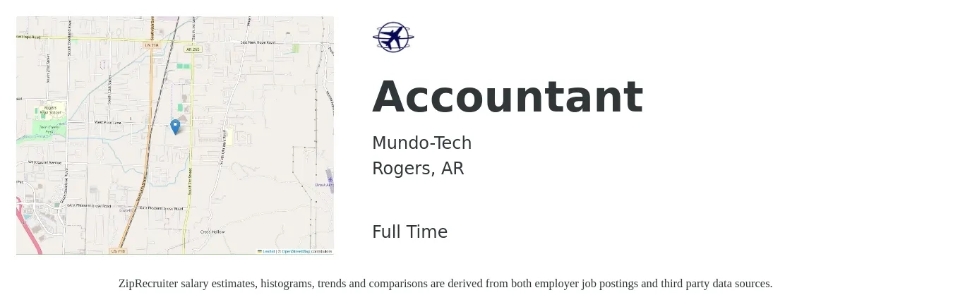 Mundo-Tech job posting for a Accountant in Rogers, AR with a salary of $44,800 to $65,800 Yearly with a map of Rogers location.