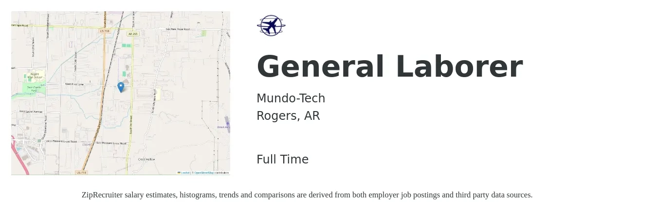 Mundo-Tech job posting for a General Laborer in Rogers, AR with a salary of $14 to $17 Hourly with a map of Rogers location.