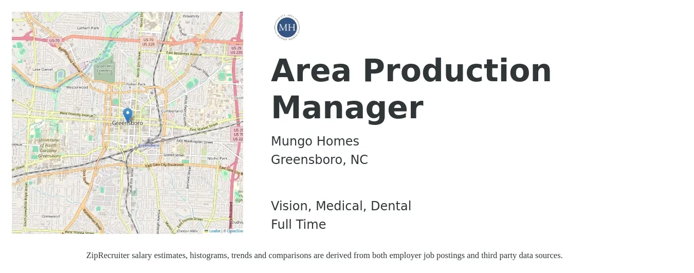 Mungo Homes job posting for a Area Production Manager in Greensboro, NC with a salary of $54,300 to $78,000 Yearly and benefits including dental, life_insurance, medical, pto, retirement, and vision with a map of Greensboro location.