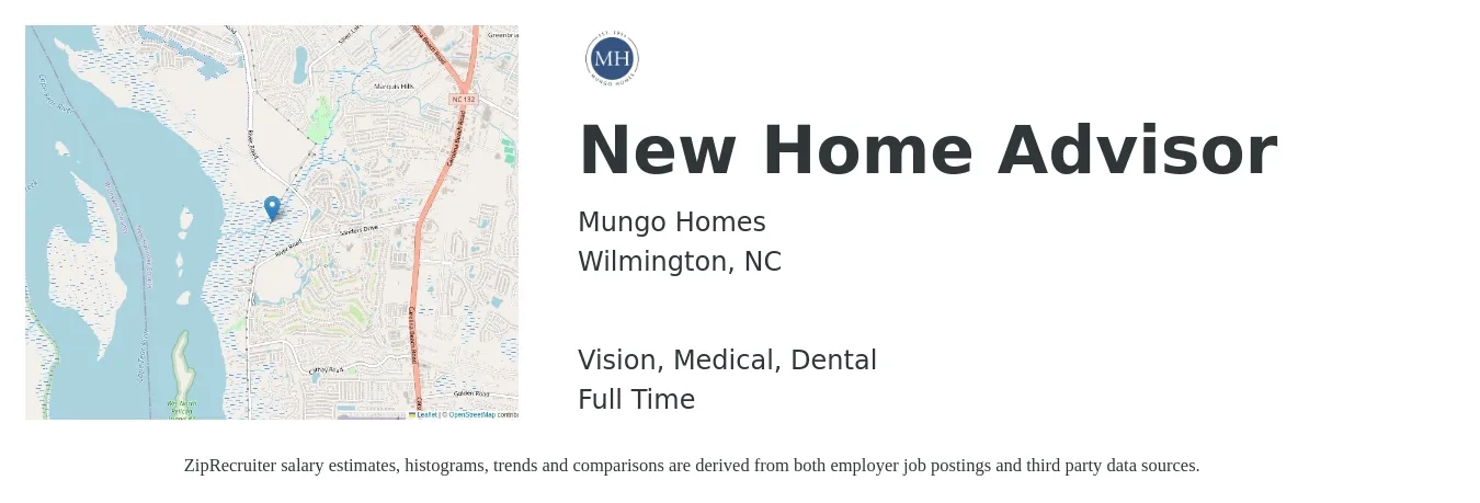 Mungo Homes job posting for a New Home Advisor in Wilmington, NC with a salary of $18 to $30 Hourly and benefits including life_insurance, medical, retirement, vision, and dental with a map of Wilmington location.