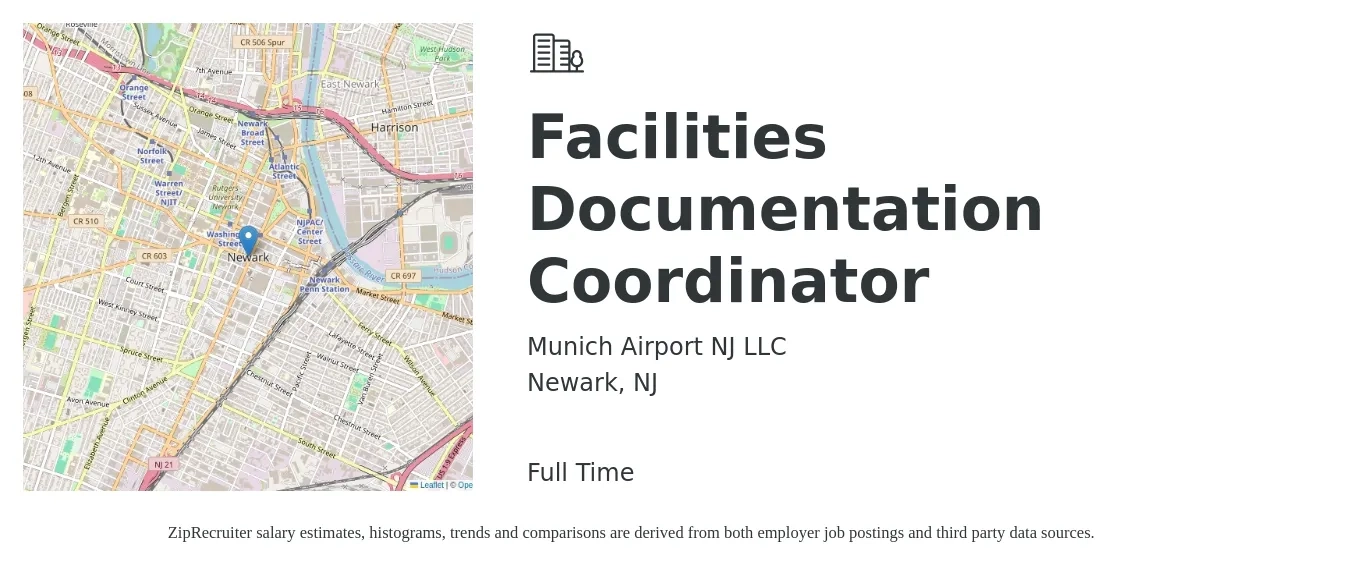 Munich Airport NJ LLC job posting for a Facilities Documentation Coordinator in Newark, NJ with a salary of $21 to $29 Hourly with a map of Newark location.